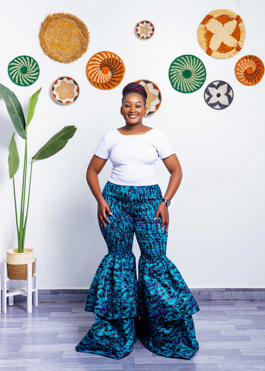 Kimi Women's African Print Bell Bottom Pants - Blue