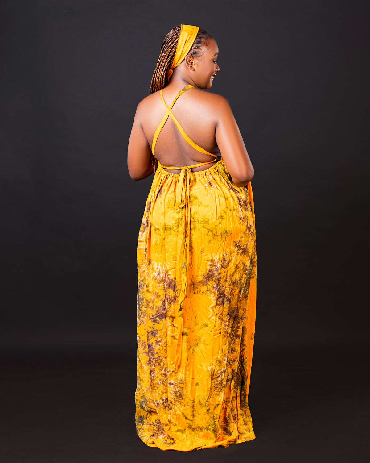 Zia Backless Maxi Dress | with in built boob support and head wrap -Yellow