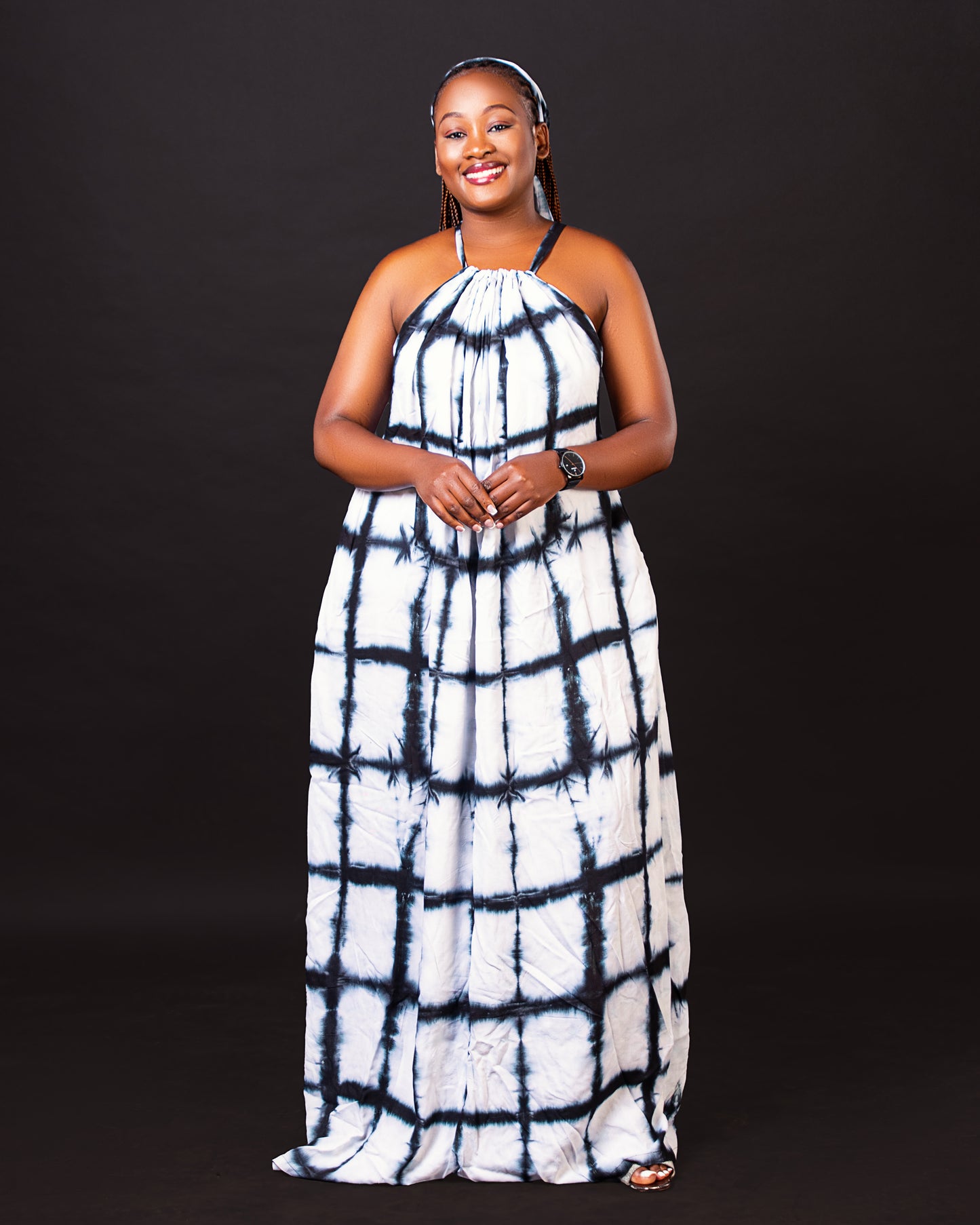Zia Backless Maxi Dress | with in built boob support and head wrap - black white