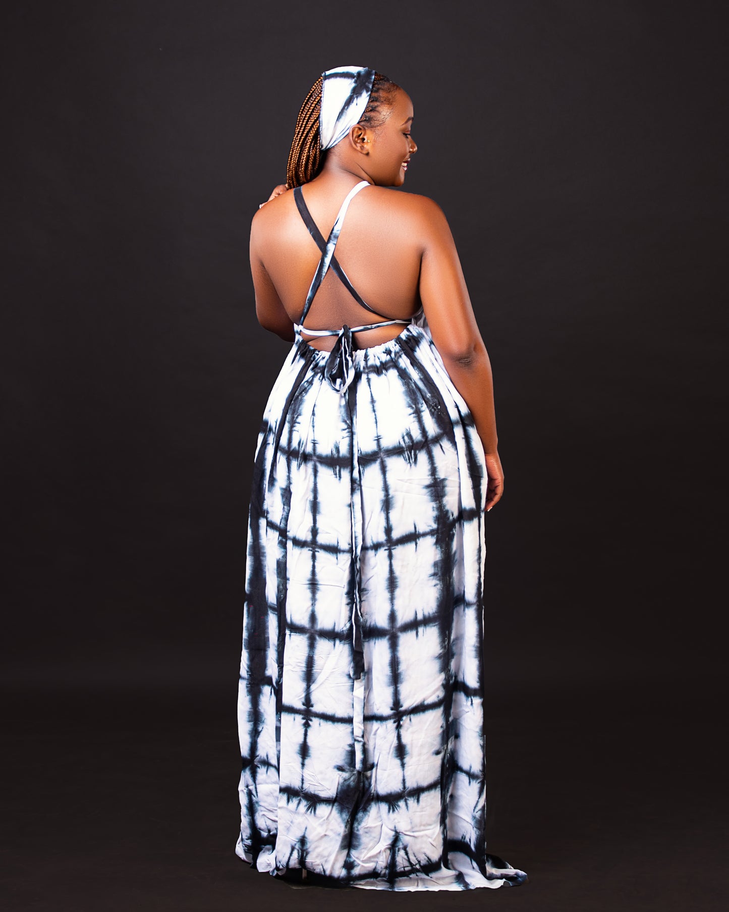 Zia Backless Maxi Dress | with in built boob support and head wrap - black white