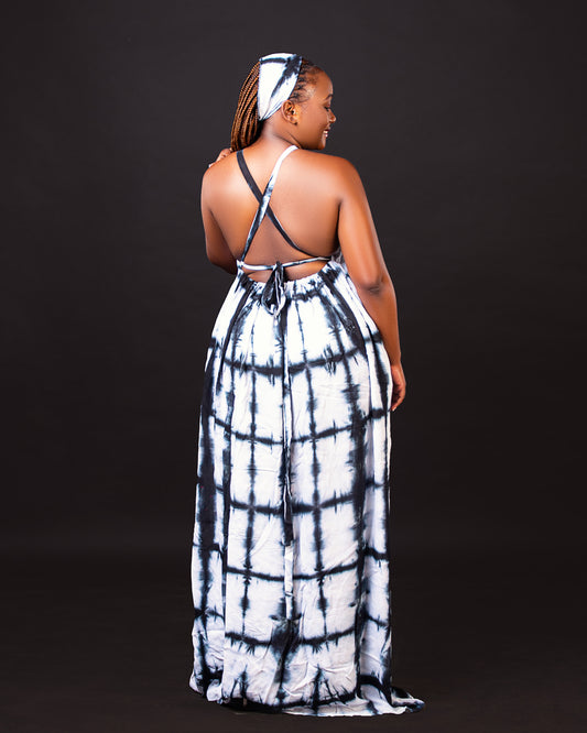 Zia Backless Maxi Dress | with in built boob support and head wrap - black white