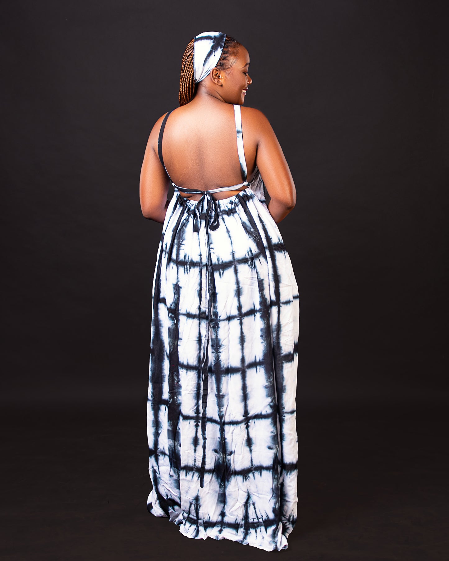 Zia Backless Maxi Dress | with in built boob support and head wrap - black white