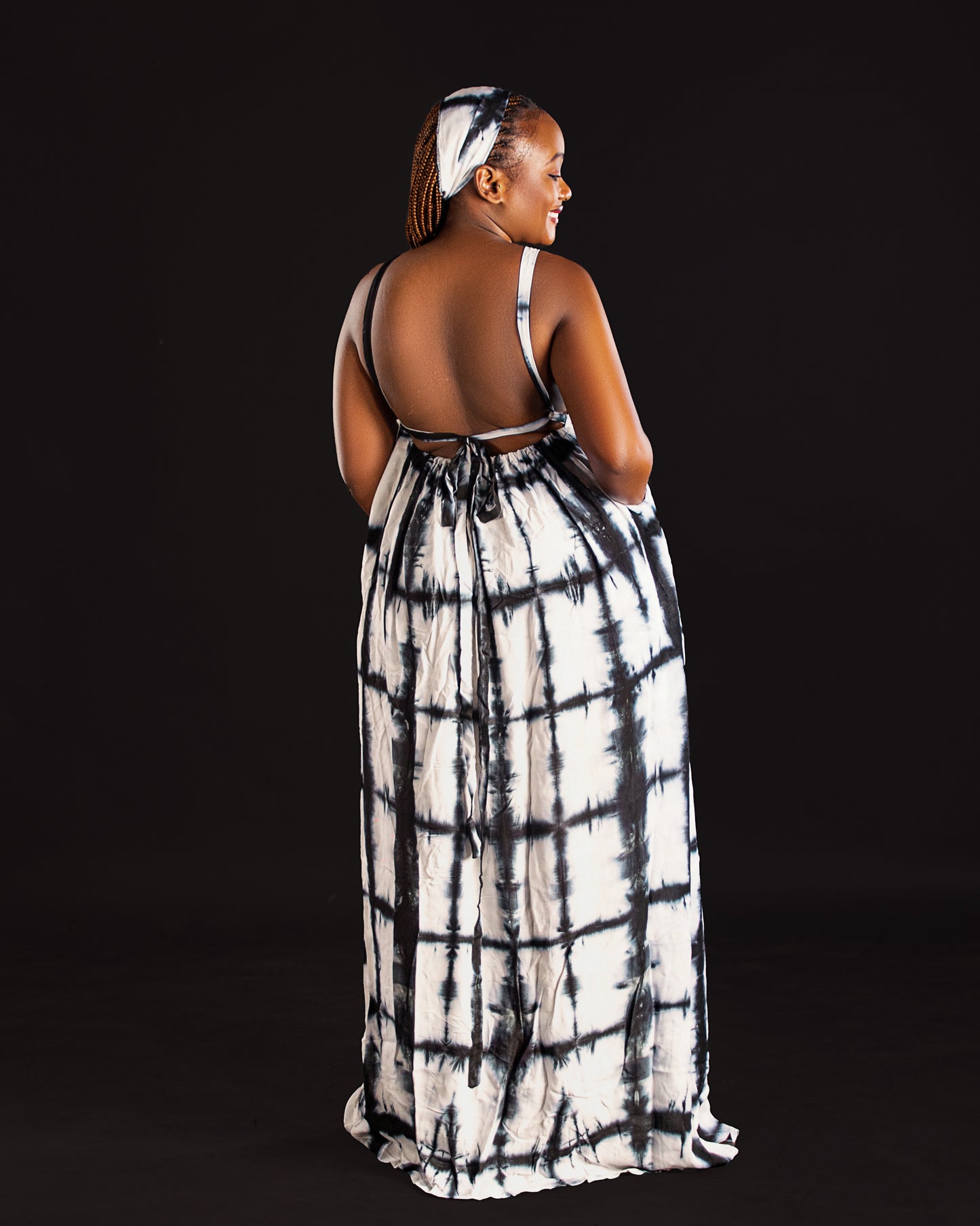 Zia Backless Maxi Dress | with in built boob support and head wrap - black white
