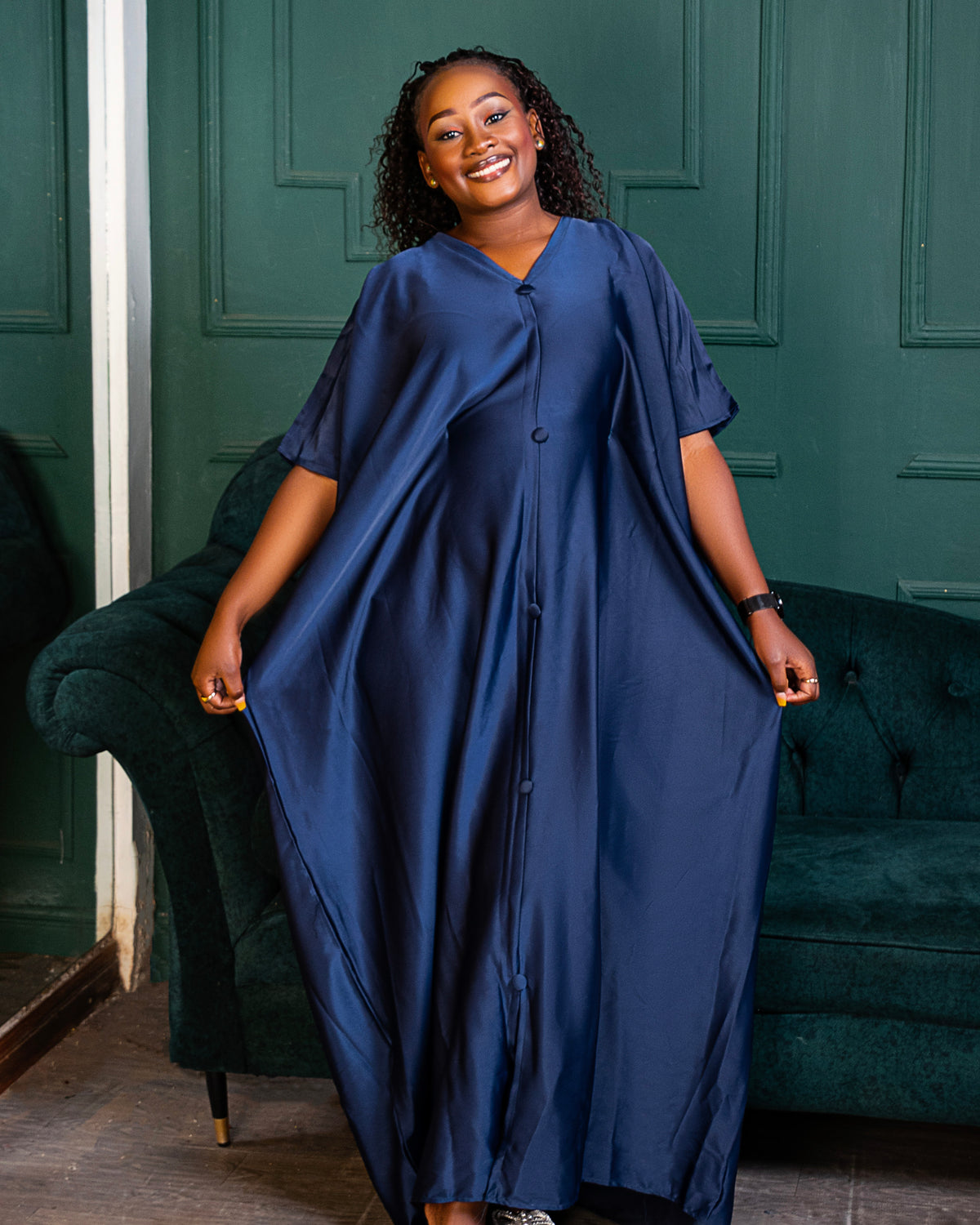 Rembo Elegant Crepe Women's Kaftan | With Scarf- Navy Blue