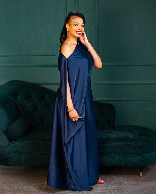 Nuru Elegant Crepe Kaftan Dress | Contemporary Women's Maxi Gown - Navy Blue