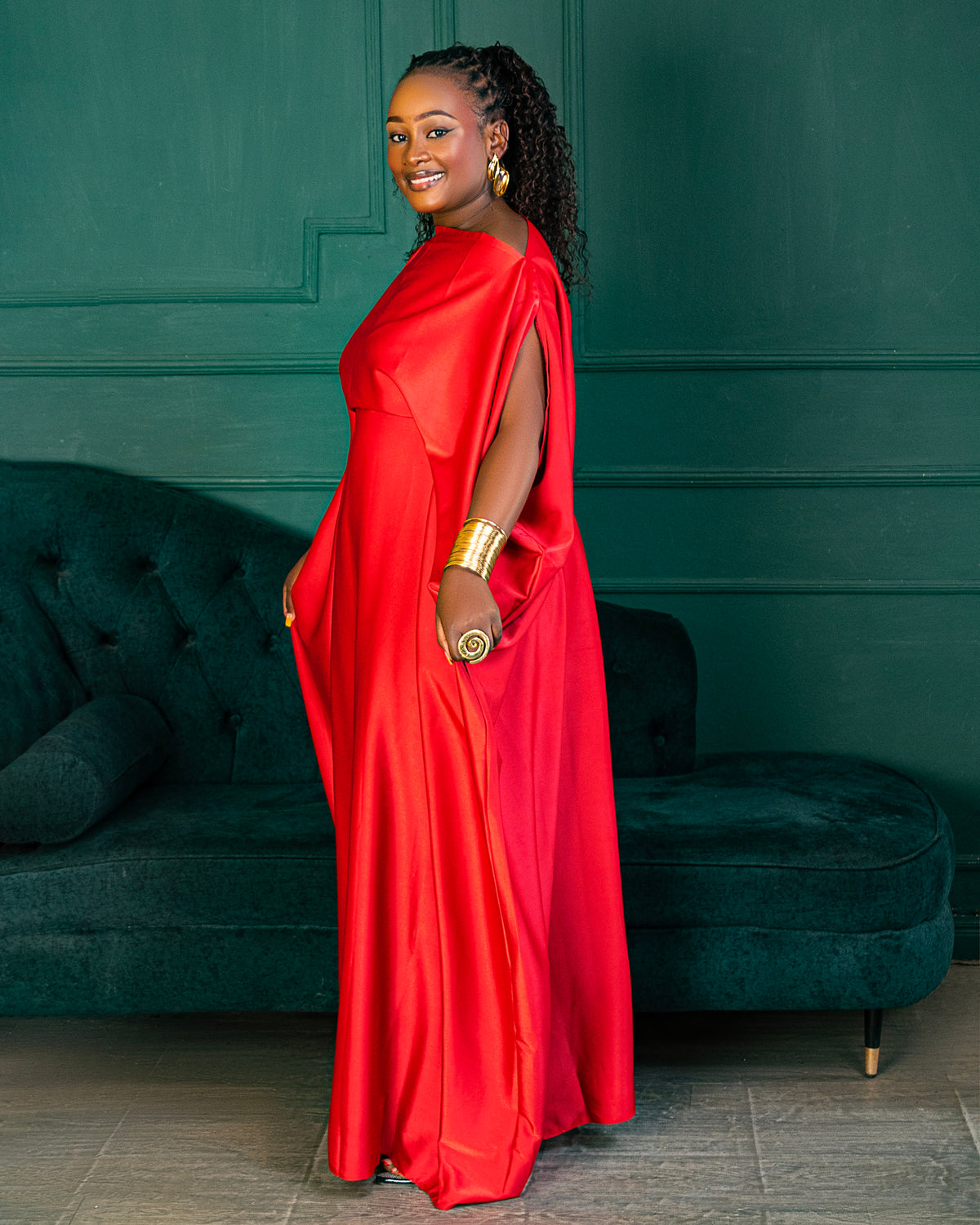 Nuru Elegant Crepe Kaftan Dress | Contemporary Women's Maxi Gown - Red