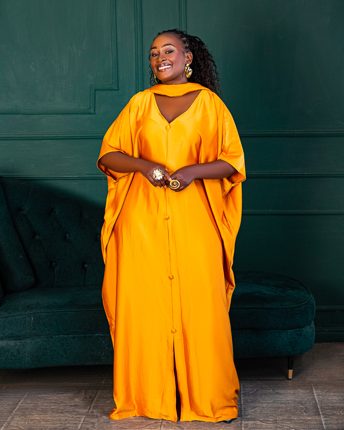 Rembo Elegant Crepe Women's Kaftan | With Scarf - Yellow