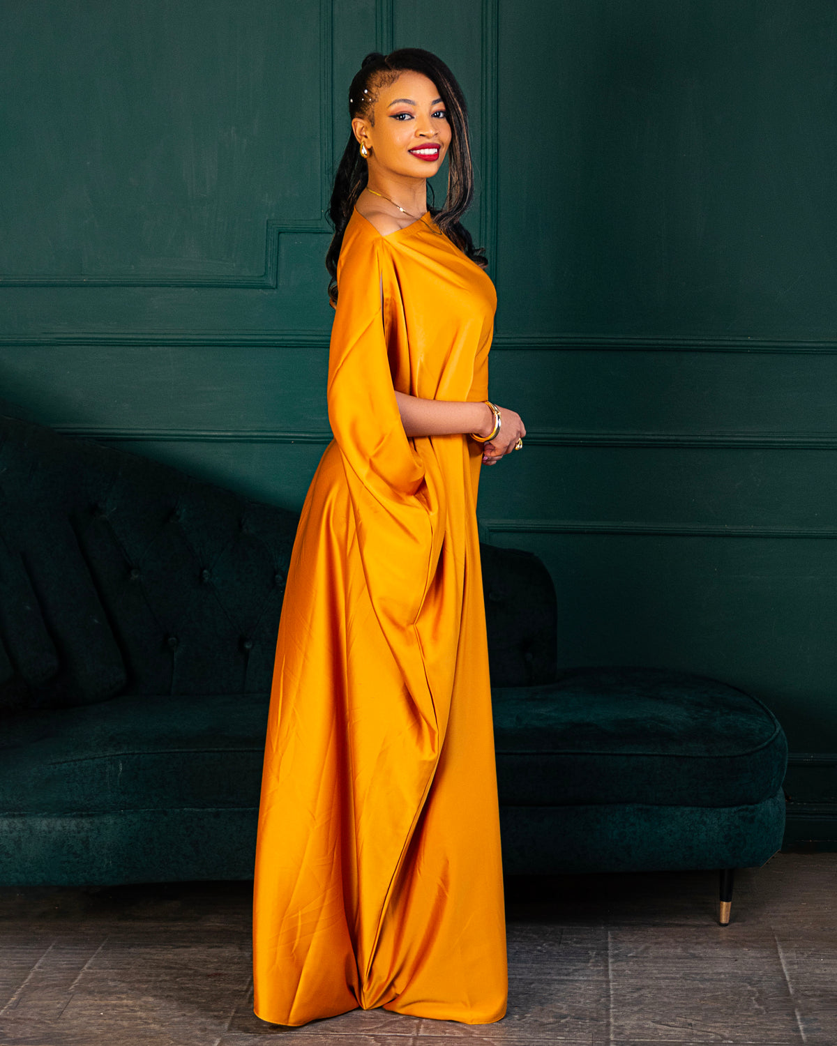 Nuru Elegant Crepe Kaftan Dress | Contemporary Women's Maxi Gown - Yellow