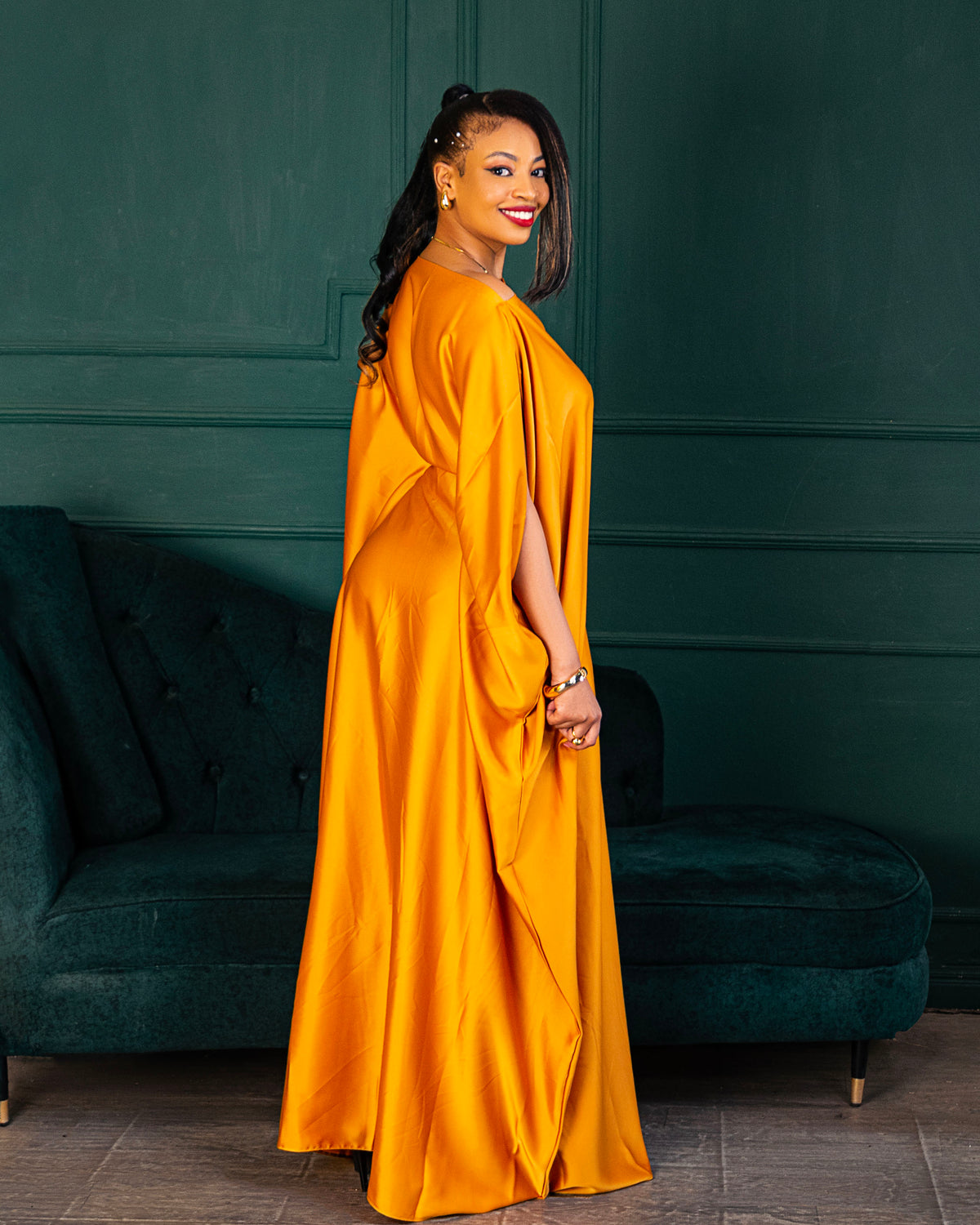 Nuru Elegant Crepe Kaftan Dress | Contemporary Women's Maxi Gown - Yellow