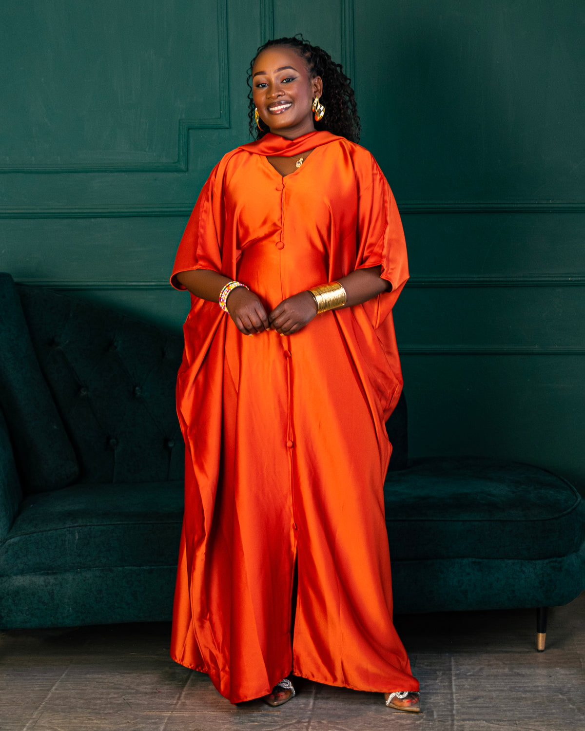 Rembo Elegant Crepe Women's Kaftan | With Scarf- Burnt Orange