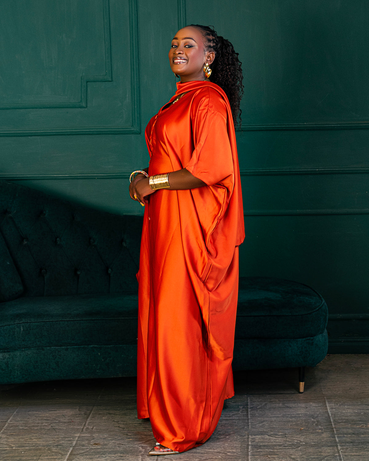 Rembo Elegant Crepe Women's Kaftan | With Scarf- Burnt Orange