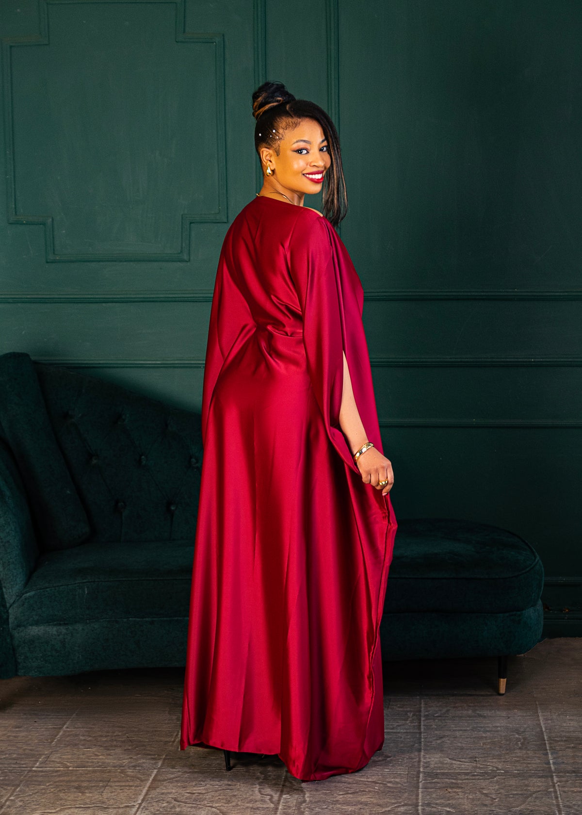 Nuru Elegant Crepe Kaftan Dress | Contemporary Women's Maxi Gown - Burgundy