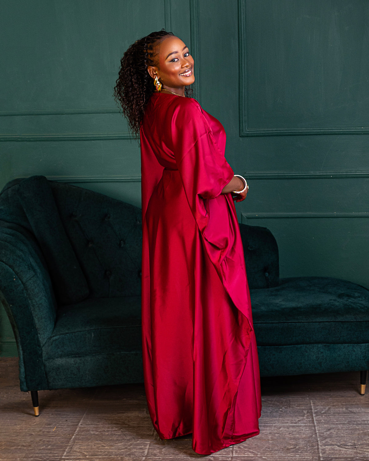 Rembo Elegant Crepe Women's Kaftan | With Scarf- Burgundy
