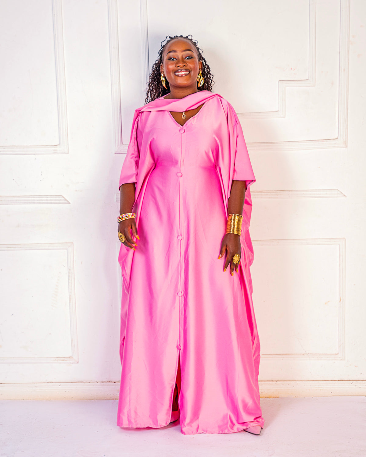 Rembo Elegant Crepe Women's Kaftan | With Scarf - Pink