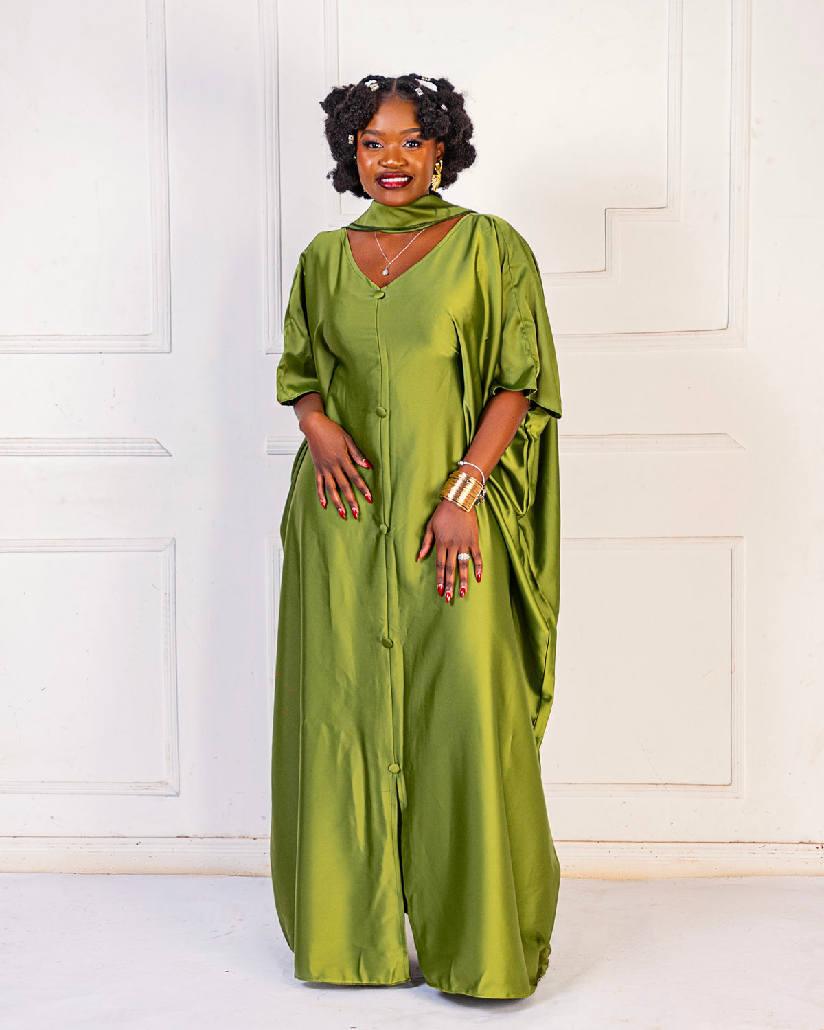 Rembo Elegant Crepe Women's Kaftan | With Scarf- Lime Green