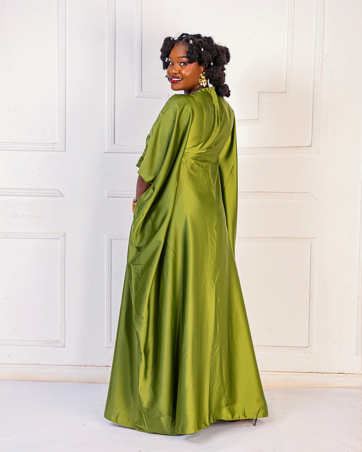 Rembo Elegant Crepe Women's Kaftan | With Scarf- Lime Green