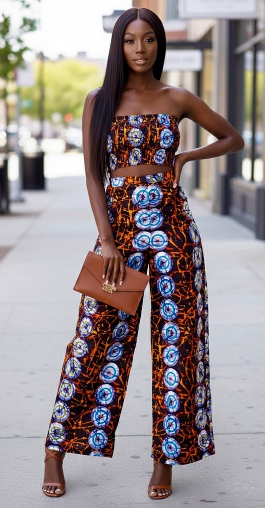 Feye Women's African Print Crop Top and Matching Wide-leg Pant Set (Brown and blue)