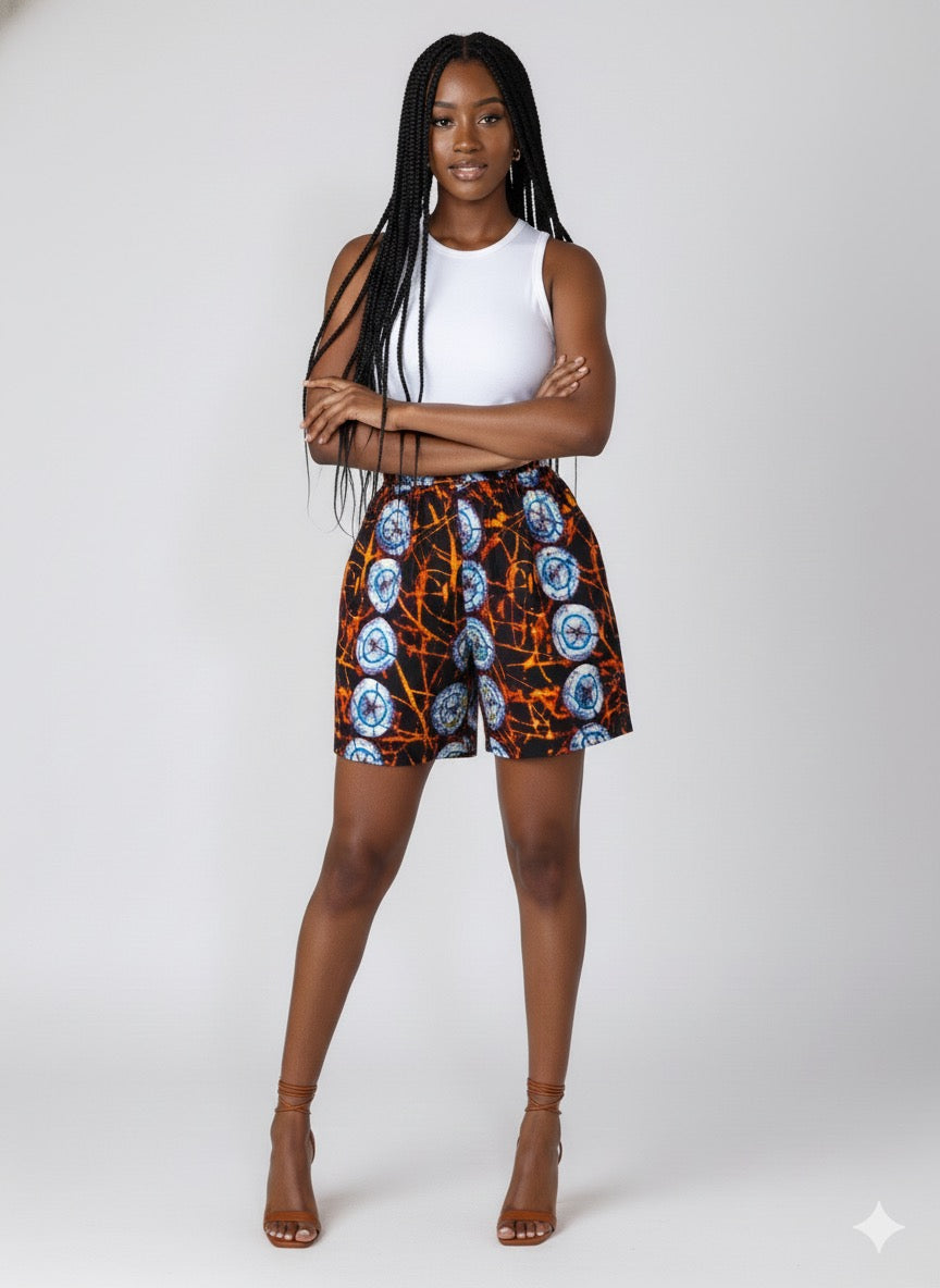 Tausi African Print High-Waisted Shorts (Copper and sky blue)