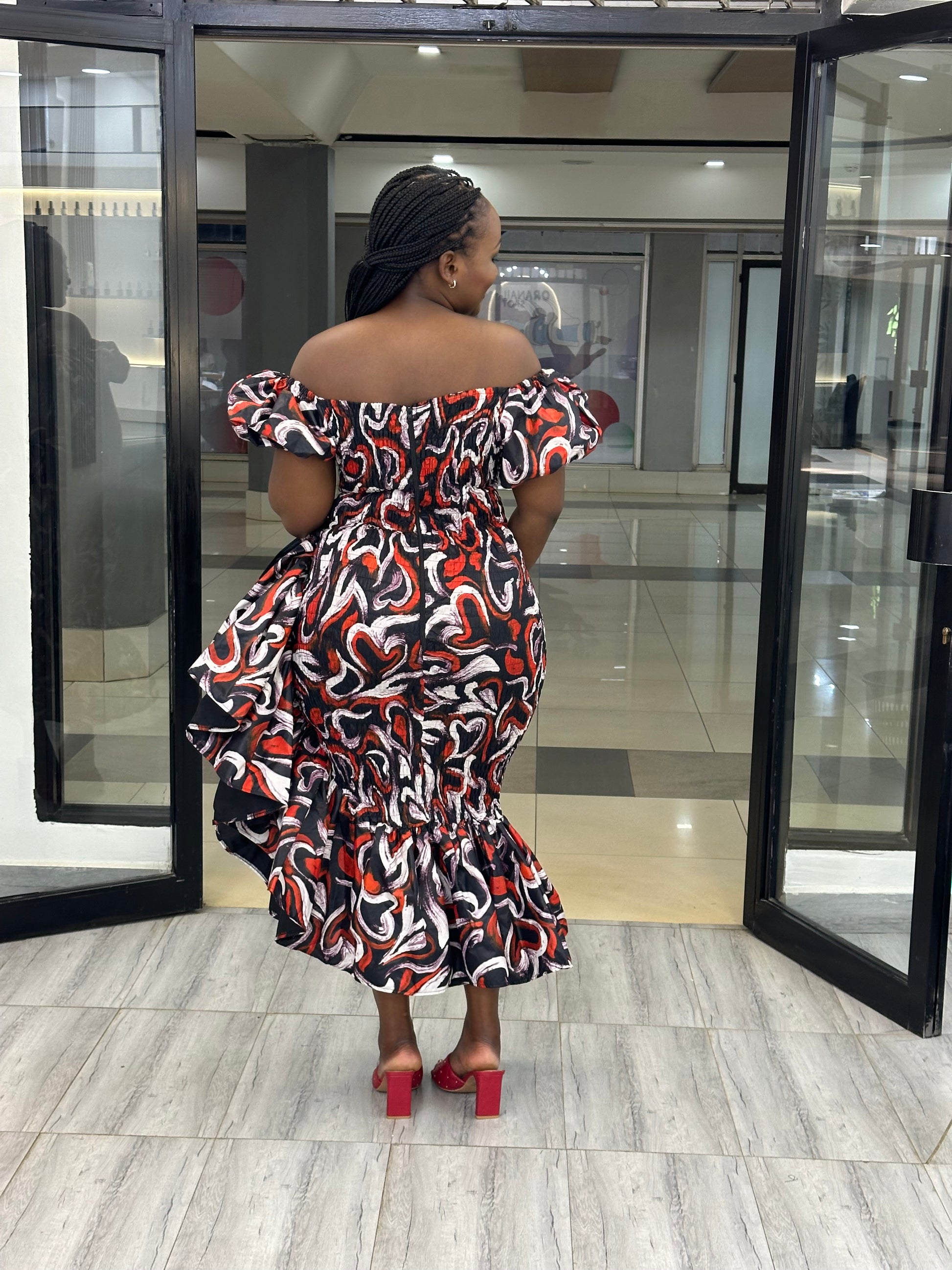 Seti Women's African Print Off-Shoulder Side Ruffle Dress - Red KAYAMMAH Seti Women's African Print Off-Shoulder Side Ruffle Dress - Red KAYAMMAH