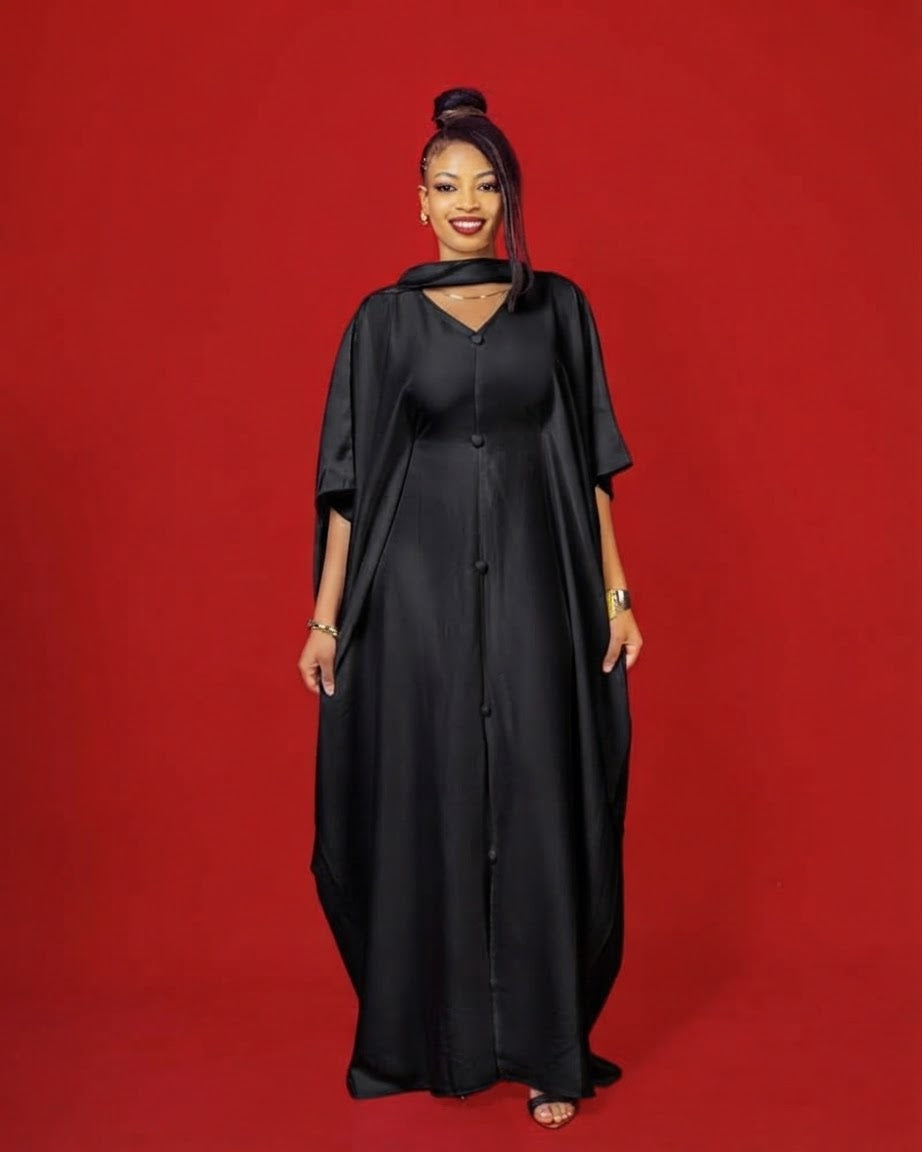 Rembo Elegant Crepe Women's Kaftan | With Scarf - Black