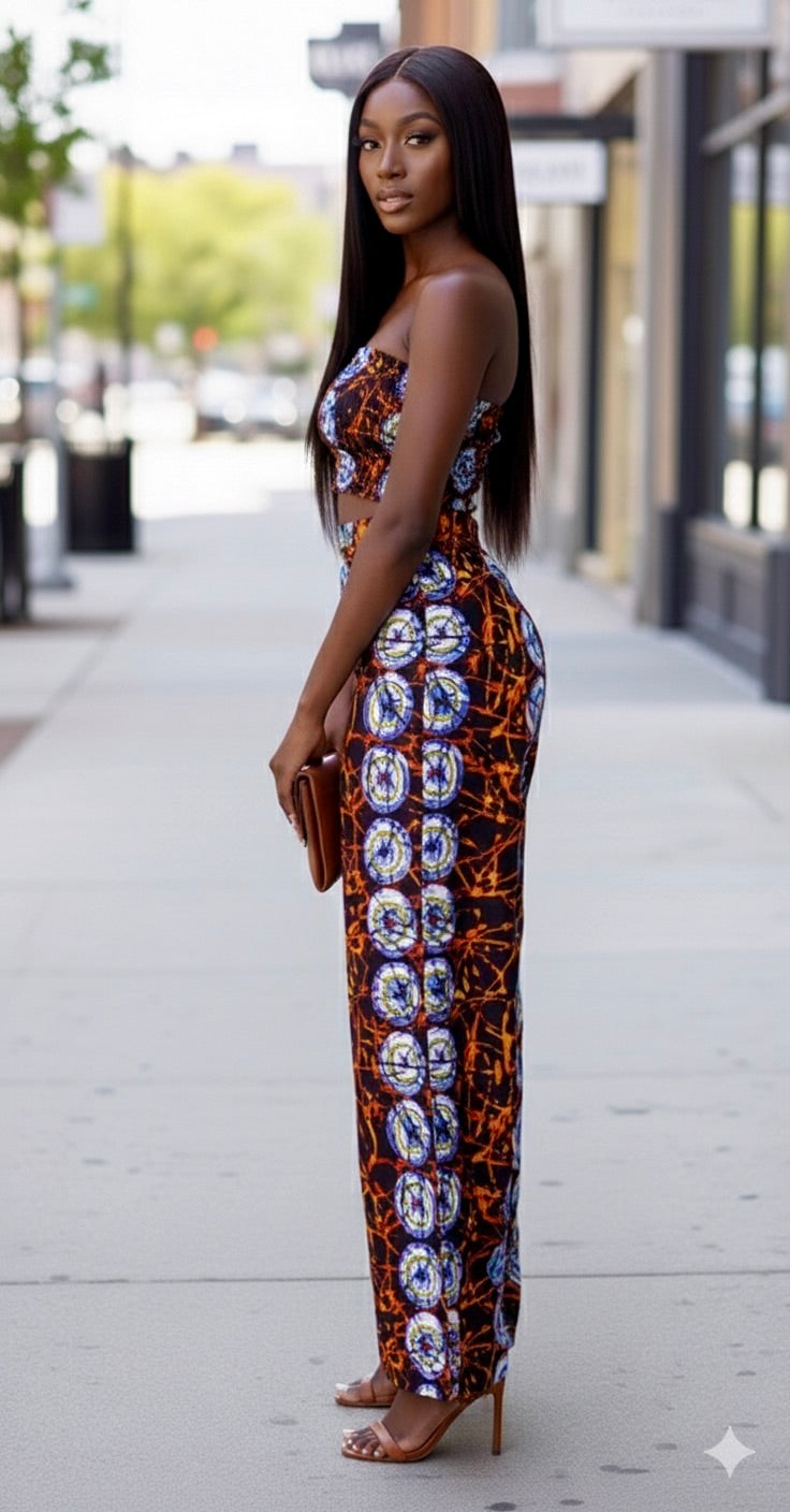 Feye Women's African Print Crop Top and Matching Wide-leg Pant Set (Brown and blue)