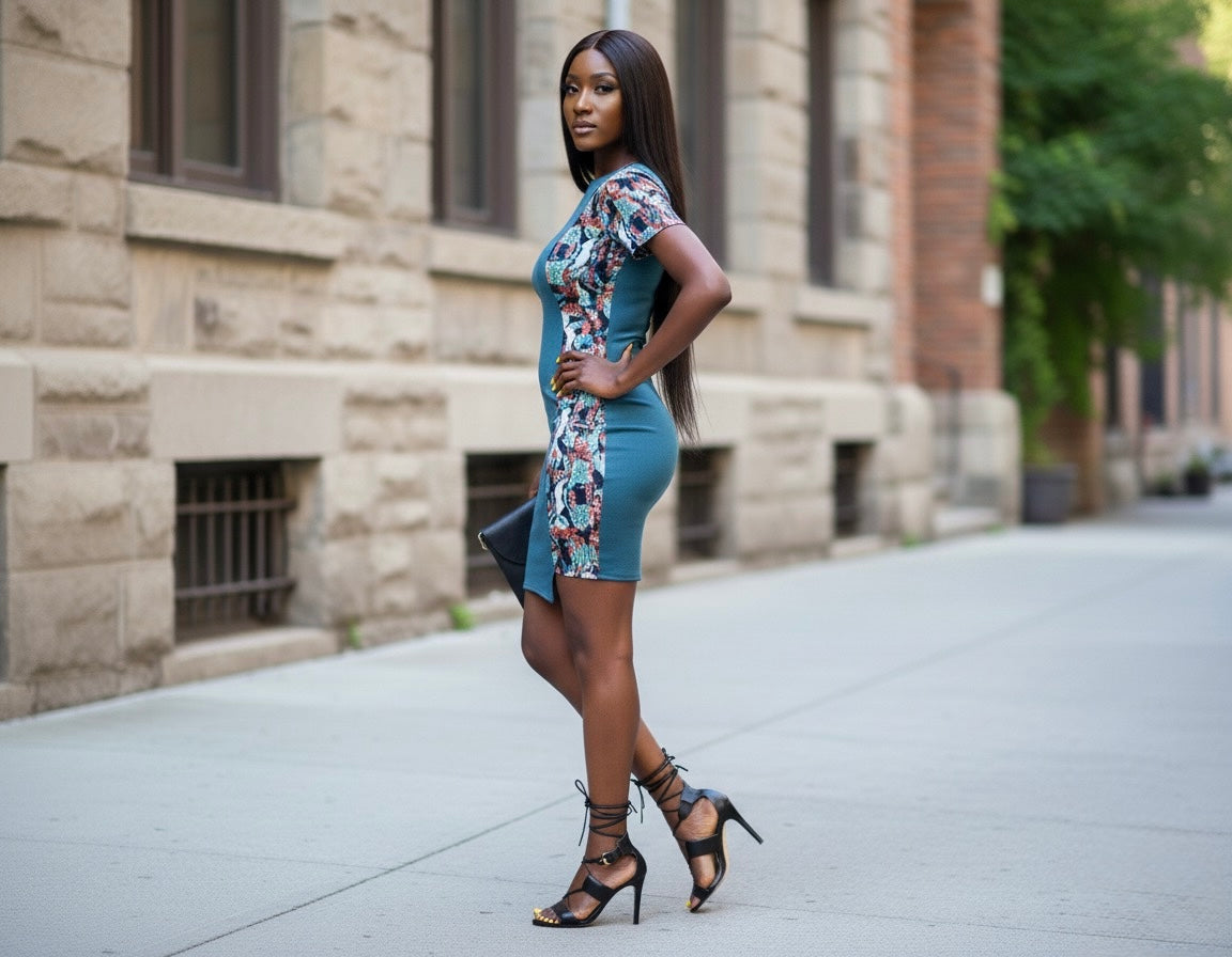 Amara Women's African Print Stretch Dress (Blue)