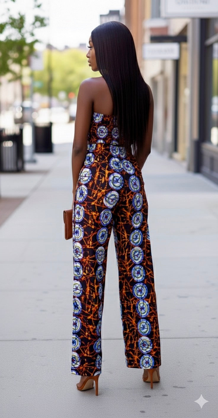 Feye Women's African Print Crop Top and Matching Wide-leg Pant Set (Brown and blue)