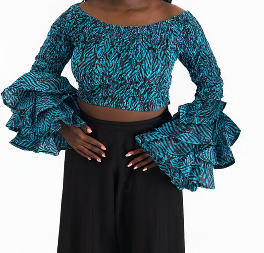 Soso Women's African Print Top with Dramatic Sleeves Blue
