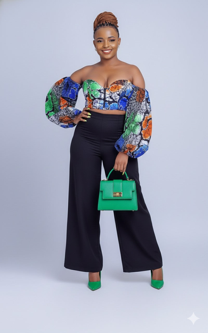 Samfaya Women's African Print Off Shoulder Crop Top (Blue)