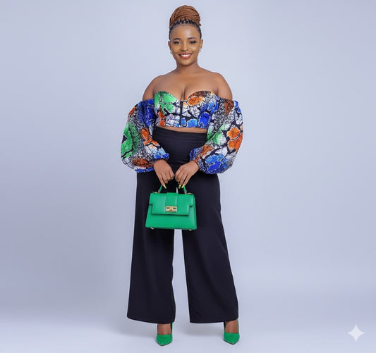 Samfaya Women's African Print Off Shoulder Crop Top (Blue)