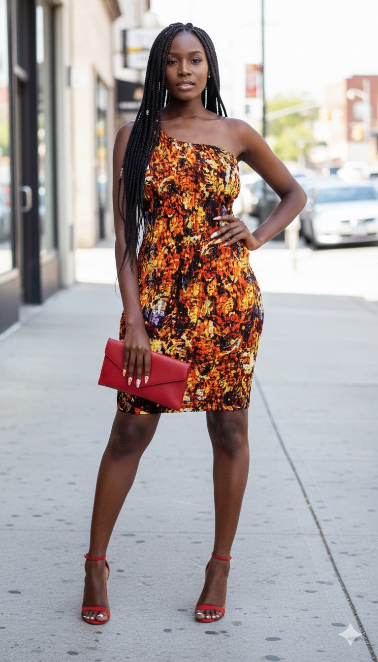 Marashi Women's African Print One-shoulder Dress (Orange)