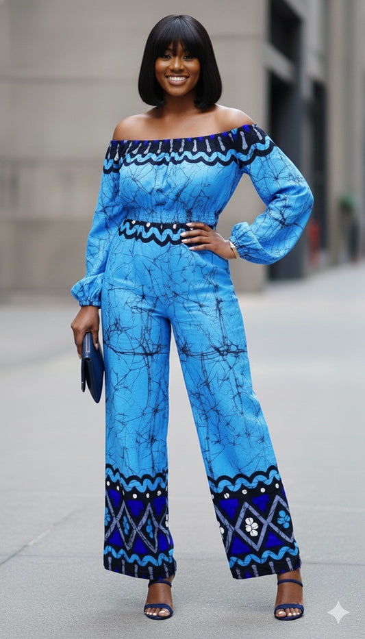 Ayaba Women's African Print Off-shoulder Jumpsuit (Blue)