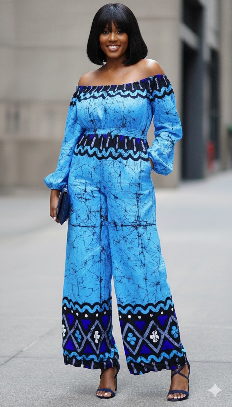 Ayaba Women's African Print Off-shoulder Jumpsuit (Blue)