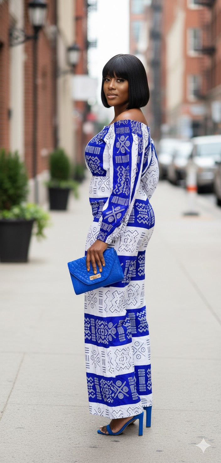 Ayaba Women's African Print Off-shoulder Jumpsuit (White and Blue)