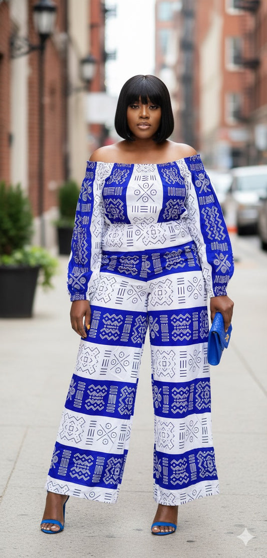 Ayaba Women's African Print Off-shoulder Jumpsuit (White and Blue)