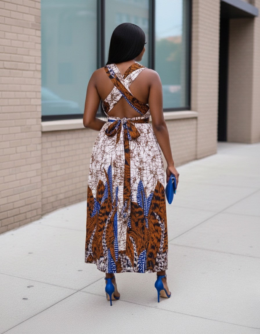 Ayaba Women's African Print Maxi Infinity Dress (Peach and brown)