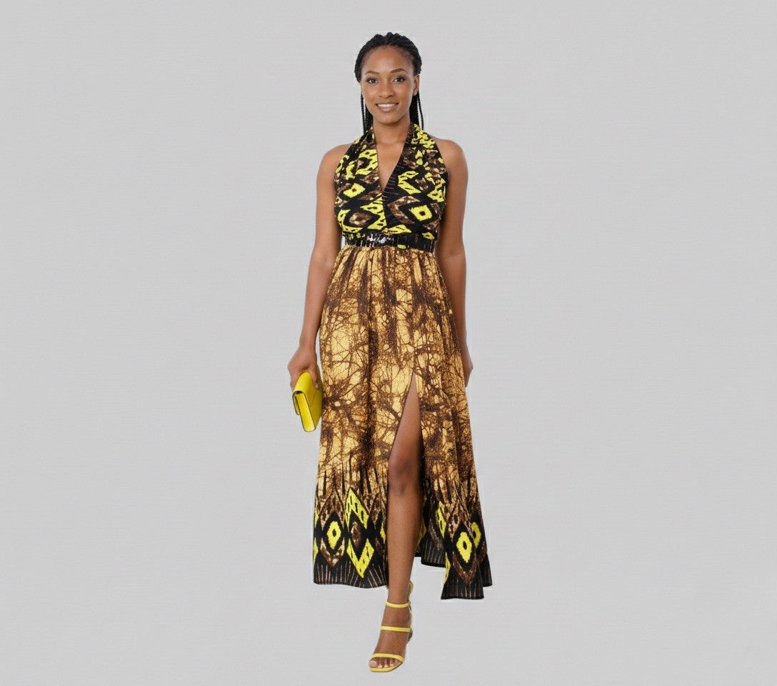 Ayaba Women's African Print Maxi Infinity Dress (Yellow and Brown)