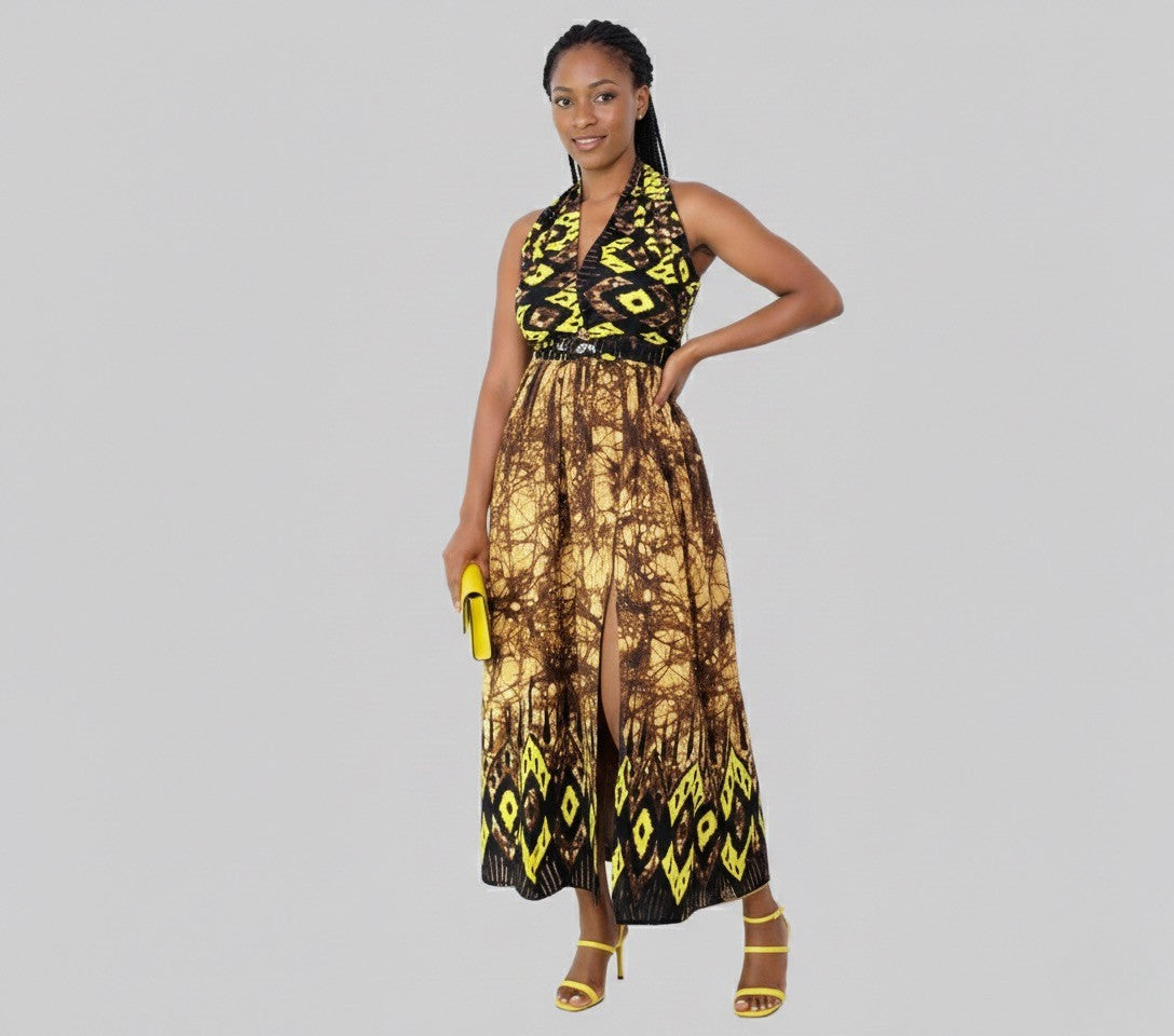 Ayaba Women's African Print Maxi Infinity Dress (Yellow and Brown)