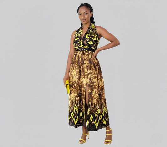 Ayaba Women's African Print Maxi Infinity Dress (Yellow and Brown)