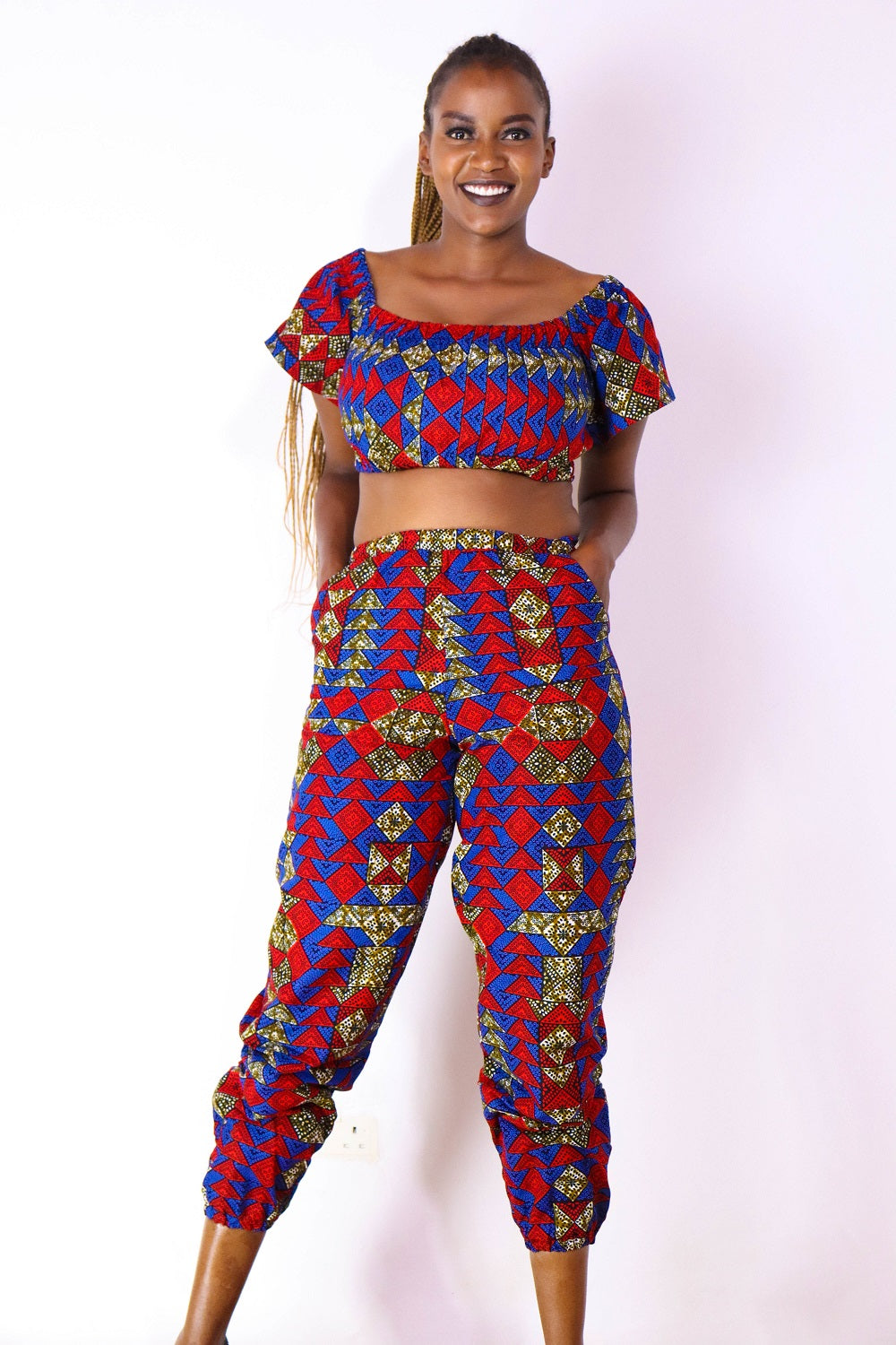 Feruzi Women's African Print Crop Top and Matching Pant sets (Pink)