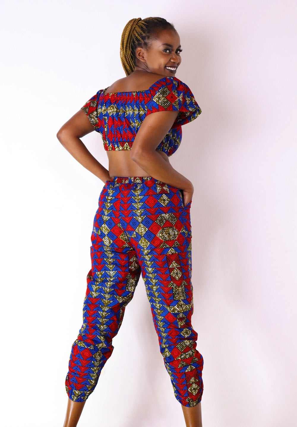 Feruzi Women's African Print Crop Top and Matching Pant sets (Pink)