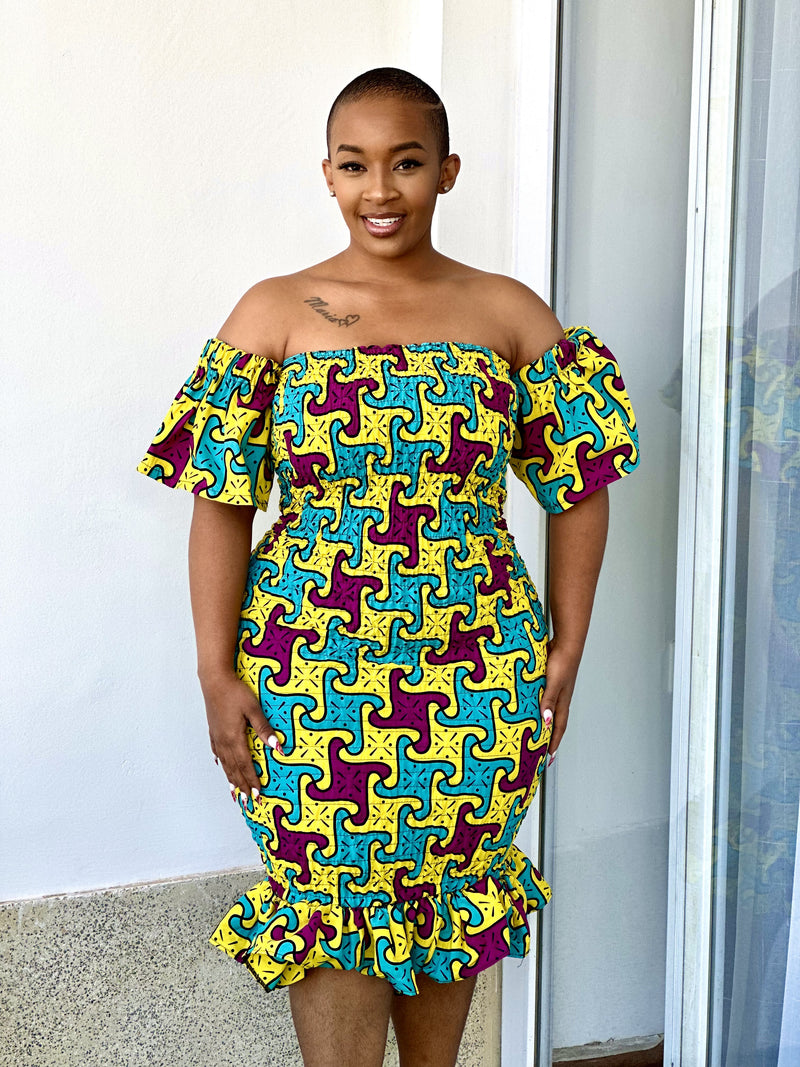 Mia Women's African Print Stretch Dress - Yellow