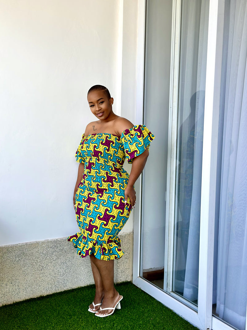 Mia Women's African Print Stretch Dress - Yellow