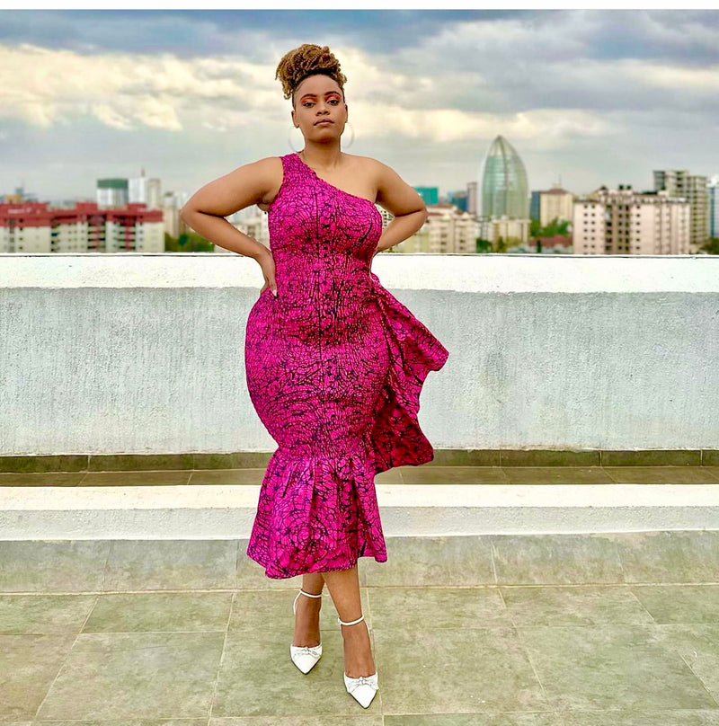 Cess African Print One-Shoulder Ruffle Dress (Pink)