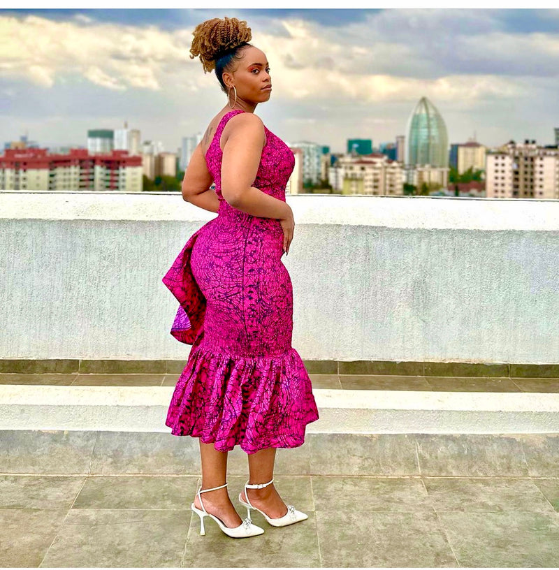 Cess African Print One-Shoulder Ruffle Dress (Pink)