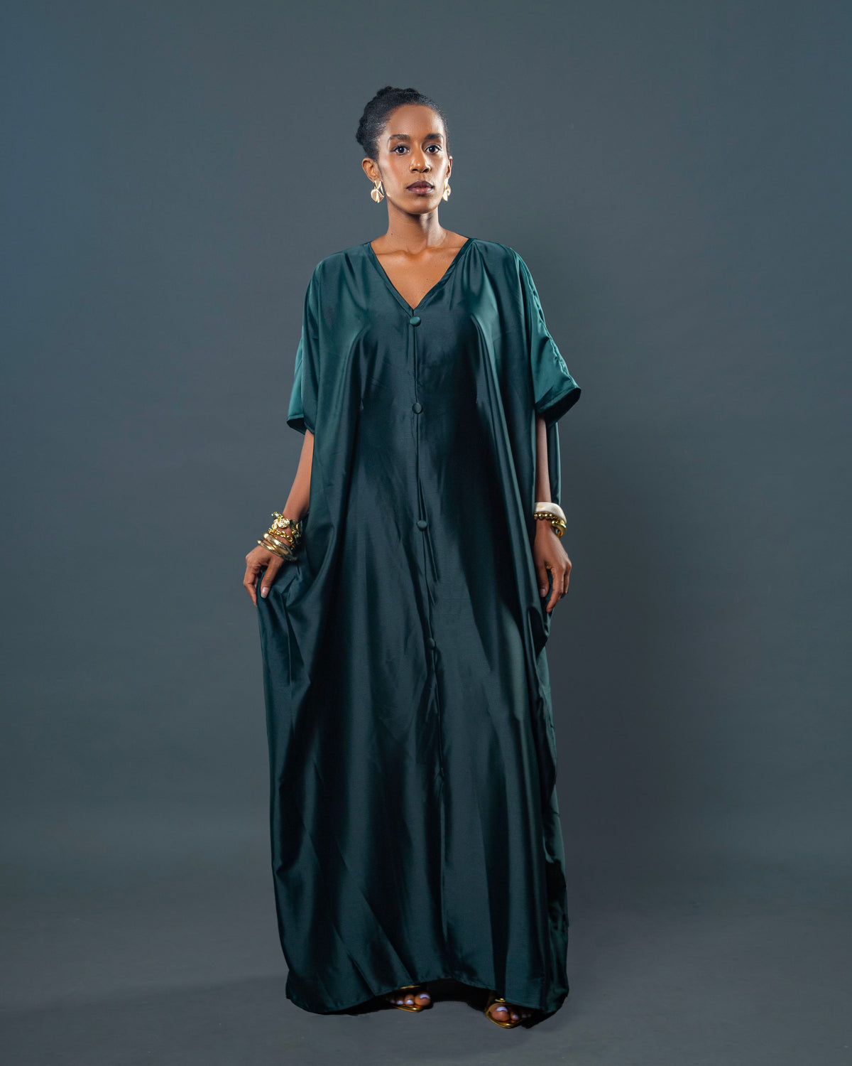 Rembo Elegant Crepe Women's Kaftan | With Scarf - Dark Green