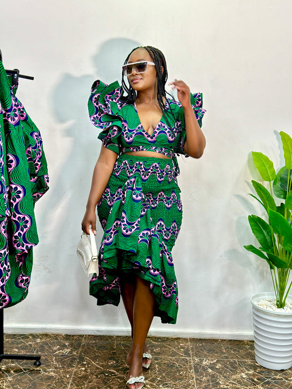 Dali Shirred African Print Ruffled Skirt - Green