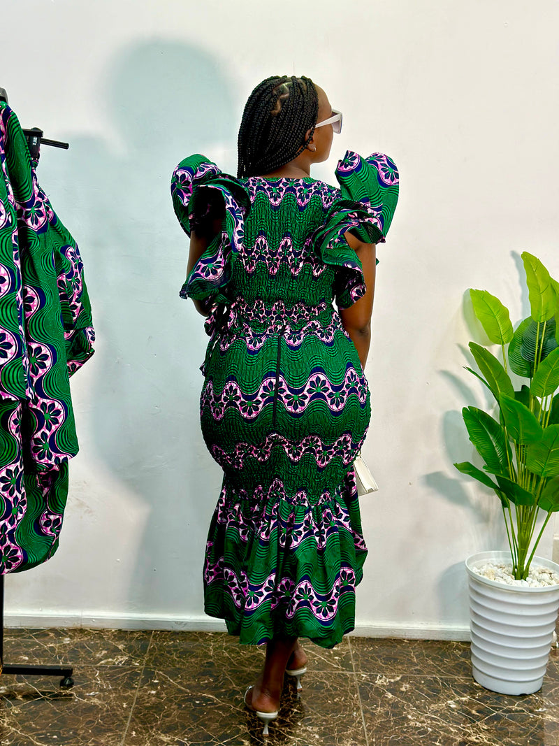 Dali Shirred African Print Ruffled Crop Top - Green
