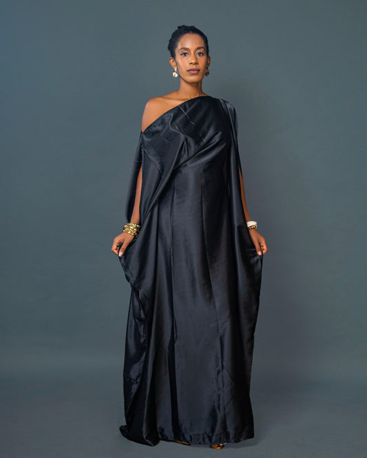 Nuru Elegant Crepe Kaftan Dress | Contemporary Women's Maxi Gown - Black