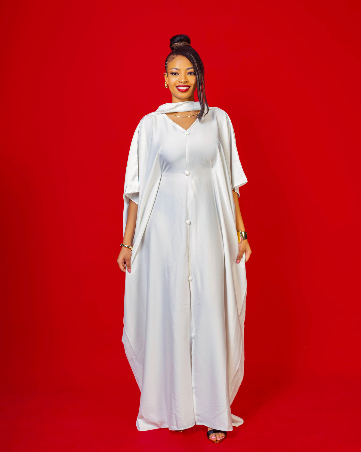 Rembo Elegant Crepe Women's Kaftan | With Scarf - White